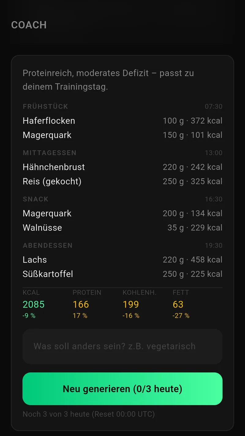 Coach-Ansicht zur Erstellung eines Essensplans