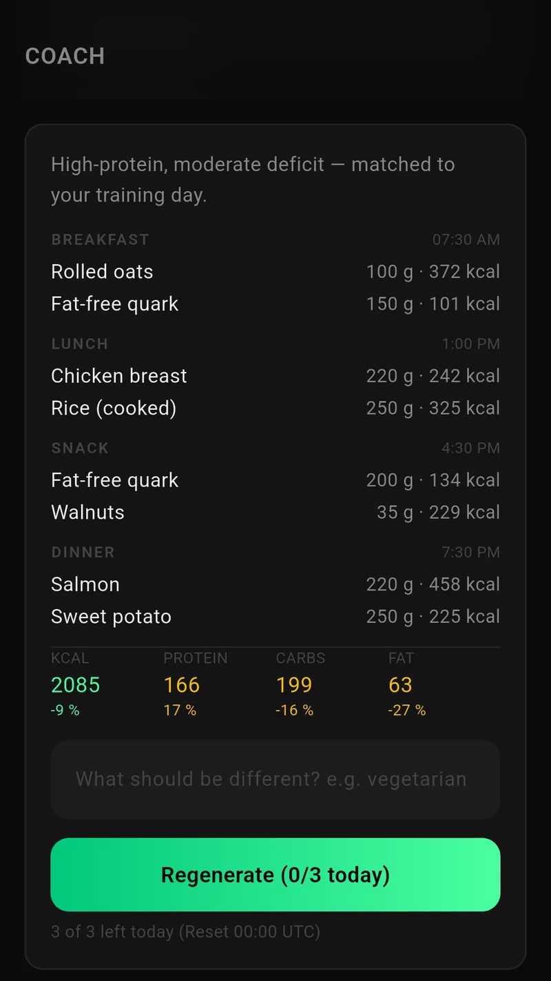 Coach view for creating a meal plan