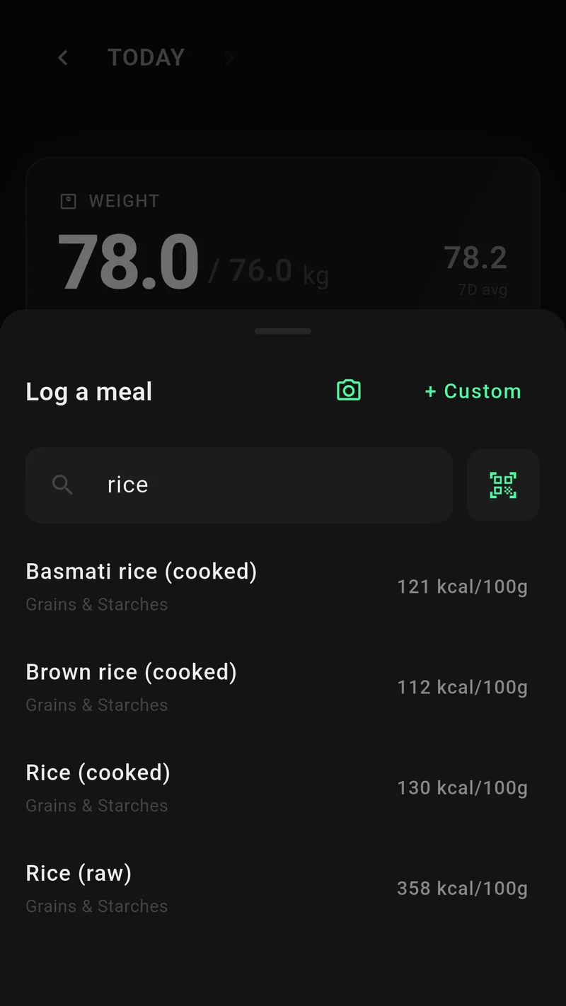 Food log with food catalog
