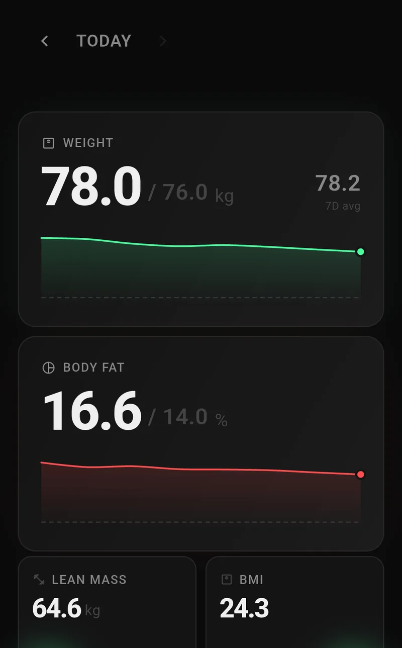 Today view of the BodyComp app with weight, body fat, lean mass and BMI